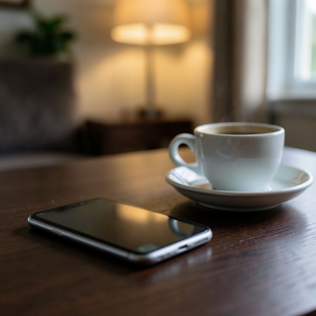 A smartphone resting on a dark wooden desk beside a cup of coffee, with a blurred background of warm indoor lighting suggesting a relaxed browsing experience