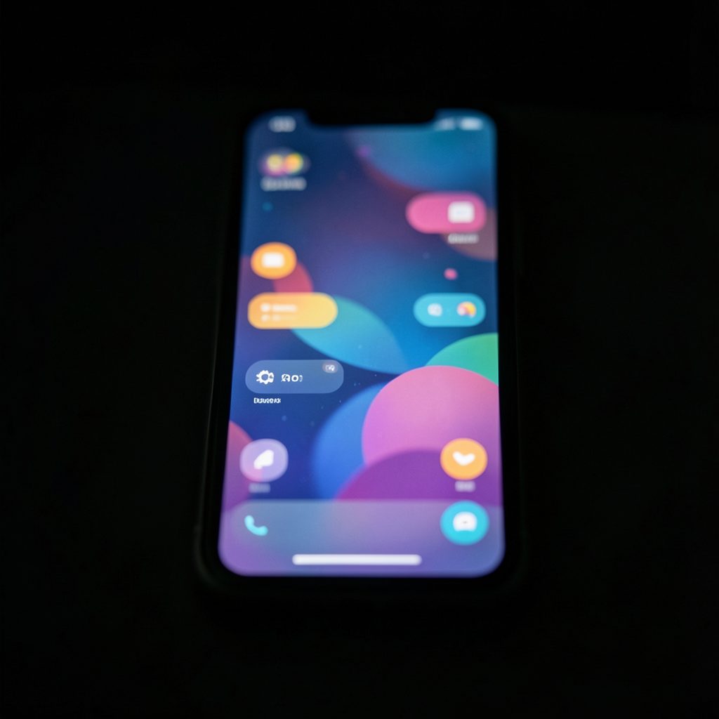 A smartphone screen glowing softly in a dim room, displaying abstract colorful interface elements against a dark background.