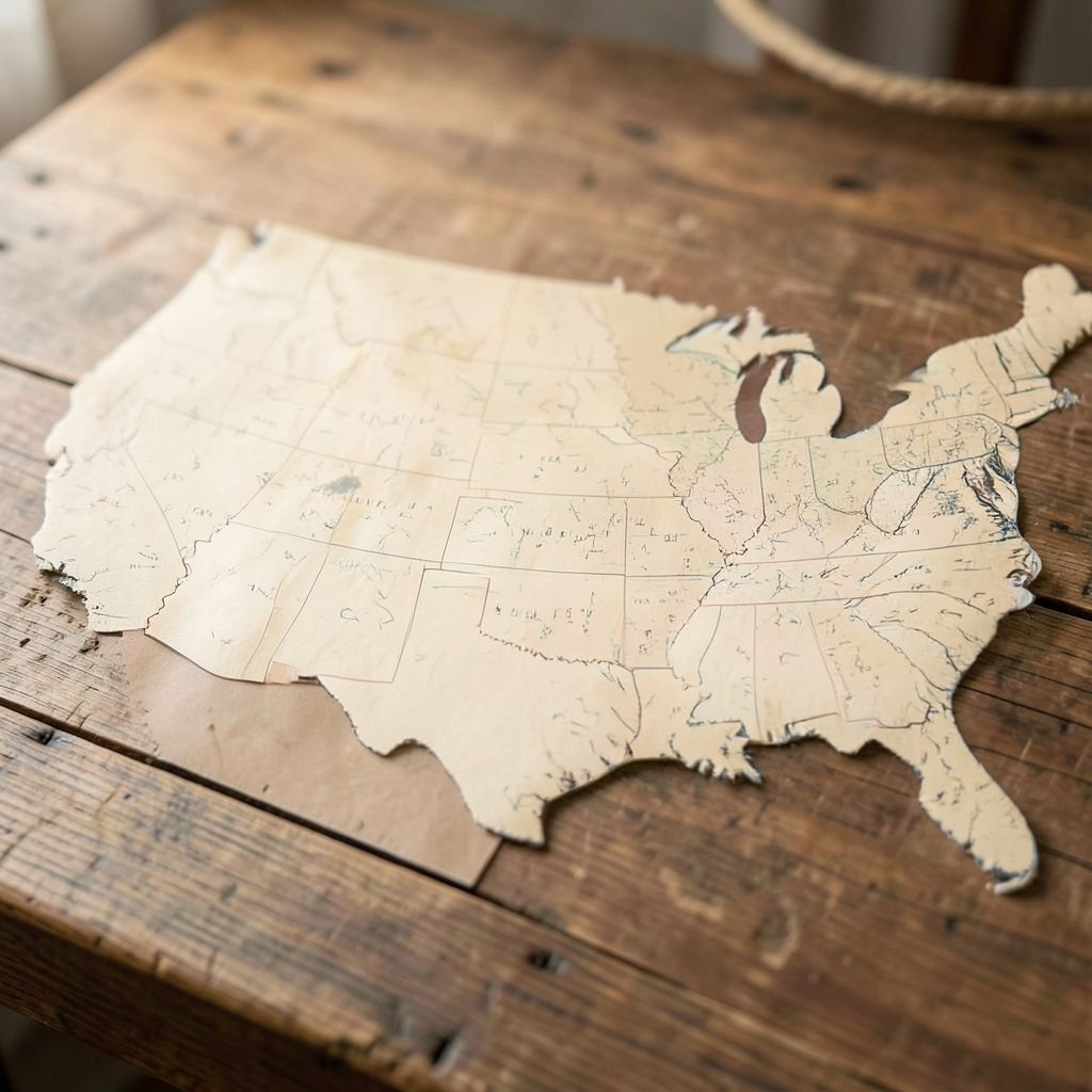 A softly lit map of the United States spread across a rustic wooden table, with warm beige and cream tones dominating the scene