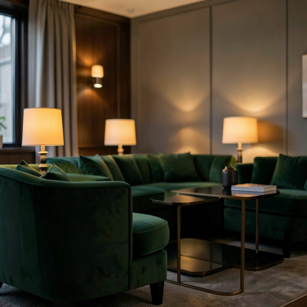 A warmly lit interior of a modern lounge with deep green velvet seating and soft amber table lamps, conveying a calm and upscale atmosphere